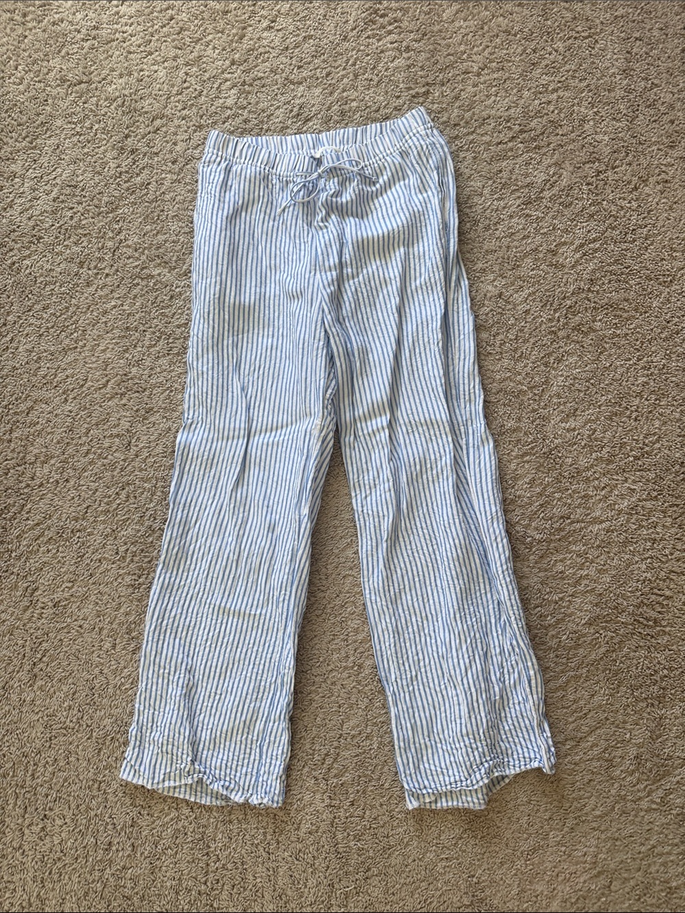 H&M Blue and White Striped Drawstring Linen-Blend Pants